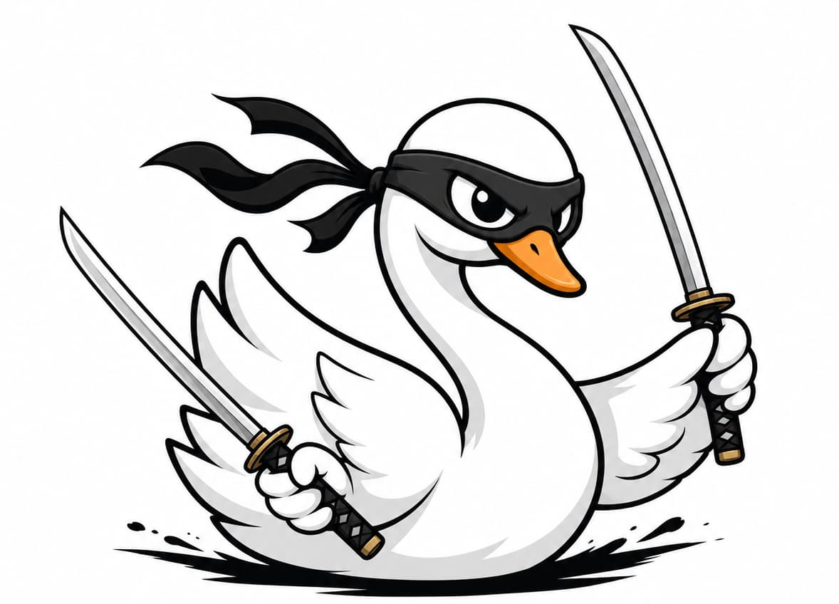 Ninja Swan LLC logo: a swan wearing a ninja mask, holding two katana